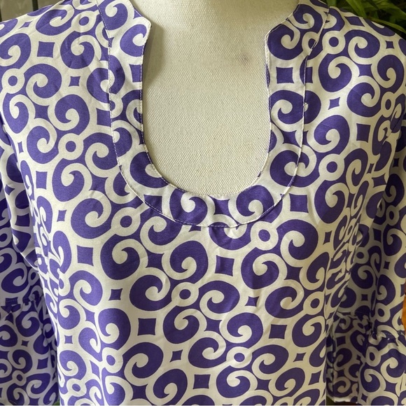 Buckhead Betties Silky Shift Dress Size L Purple White Design Bell Sleeve Roomy - Picture 7 of 12